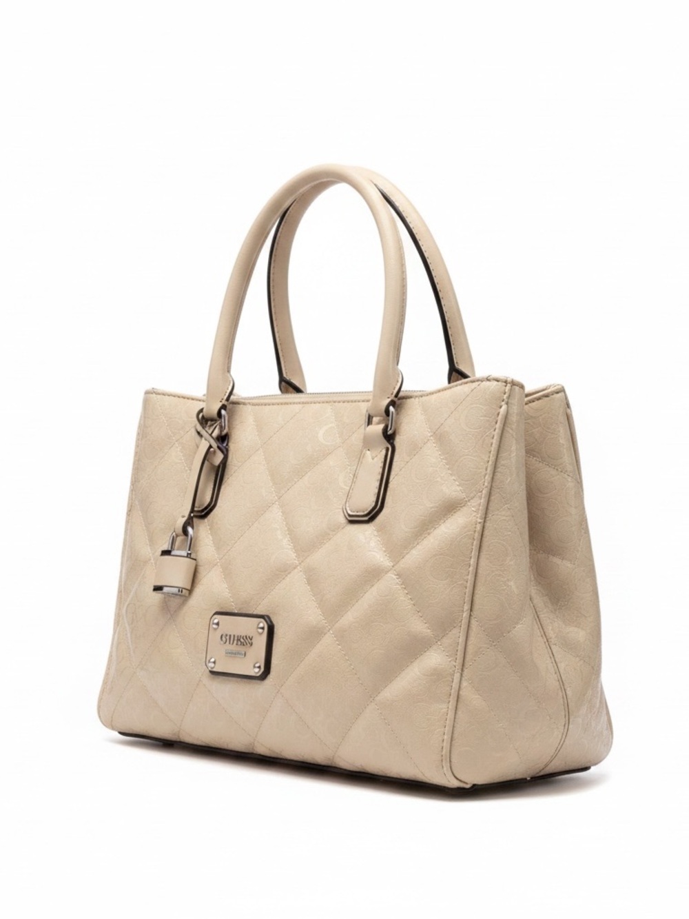GUESS Cream Quilted Satchel with Padlock Accent